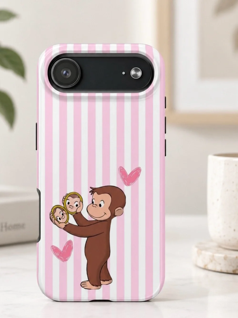 Curious George Pink Striped Hearts Coquette Aesthetic Tough Phone Case